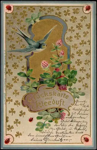 Glückskarte mit Kleeduft, Kleeblätter Marienkäfer Goldprägekarte 1902