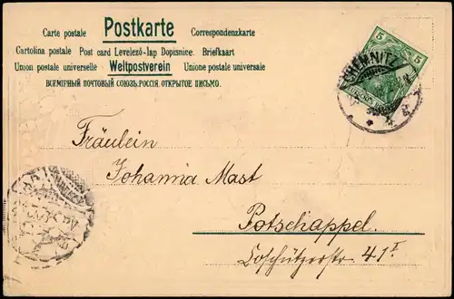 Glückskarte mit Kleeduft, Kleeblätter Marienkäfer Goldprägekarte 1902