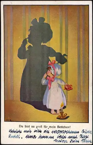 Scherzkarte Mädchen sieht seinen Schatten Du bist zu groß für mei Bettchen 1922