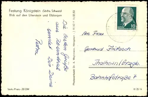 Königstein (Sächsische Schweiz) Festung auf den Lilienstein und Elbbogen 1962