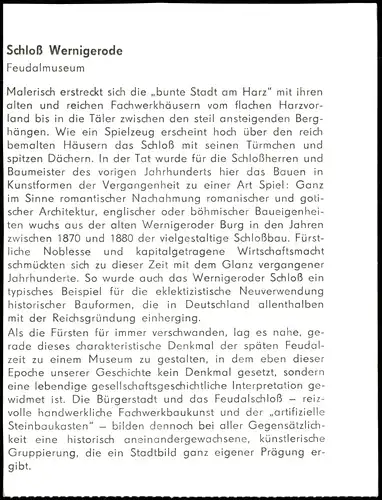 Wernigerode Schloss Feudalmuseum DDR Sammelkarte mit Chronik 1970