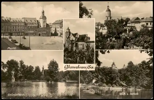 Glauchau DDR Mehrbild-AK mit Markt Gründelteich Schloss Kirche 1961