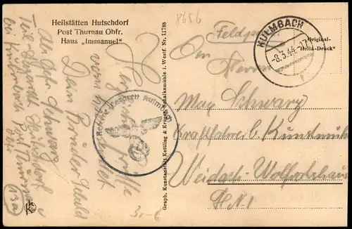 Ansichtskarte Hutschdorf-Thurnau Haus Immanuel 1944  gel. Feldpost WK2