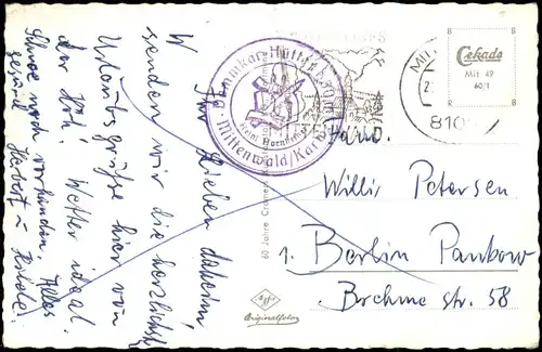 Ansichtskarte Mittenwald Dammkarhütten Darmwänden - Wanderer 1960