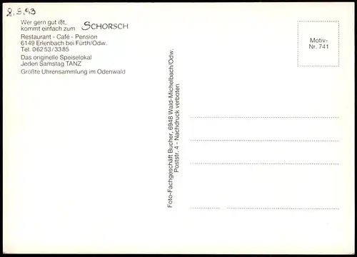 Erlenbach-Fürth (Odenwald) Restaurant Cafe Schorch - Innenansichten MB 1982