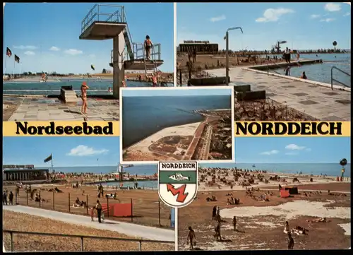 Ansichtskarte Norddeich-Norden Mehrbild: Luftbild, Schwimmbad, Strand 1977