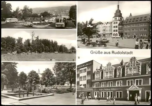 Ansichtskarte Rudolstadt Busbahnhof, Freibad, Pieck-Platz Mehrbild 1983