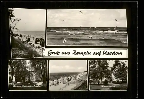 Zempin DDR Mehrbild-AK mit Konsum-Gaststätte Inselhof, Strand uvm. 1967