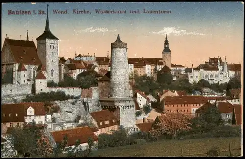 Bautzen Budyšin Stadt Panorama mit Wend. Kirche, Wasserkunst und Lauenturm 1910