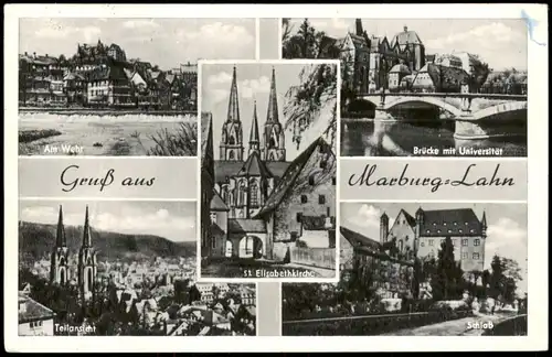 Ansichtskarte Marburg an der Lahn Am Wehr, Brücke, Schloß, Kirche 1961