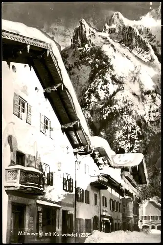 Ansichtskarte Mittenwald Straße im Winter Weinhandlung 1962