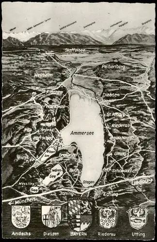 Ansichtskarte .Bayern Ammersee - Landkarten AK Heraldik Wappen 1952