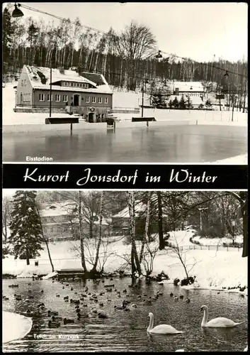 Jonsdorf DDR Mehrbildkarte mit Eis-Stadion und Kurpark Teich 1980/1979