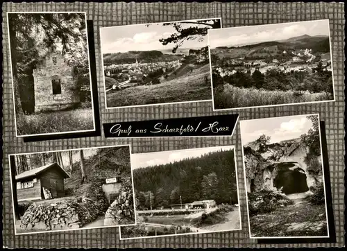 Ansichtskarte Scharzfeld-Herzberg (Harz) MB: Stadt, Schwimmbad, Hütte 1965