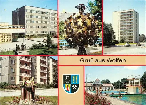 Wolfen Kaufhalle, Markt, Hochhaus Thalheimer Straße, Krondorfer Straße,  1988