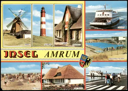 Ansichtskarte Föhr-Amrum Mühle, Leuchtturm. Schwimmbad, Fähre 1984