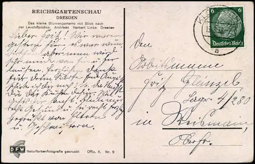 Ansichtskarte Dresden Reichsgartenschau - Blumenbeete Fontäne 1936