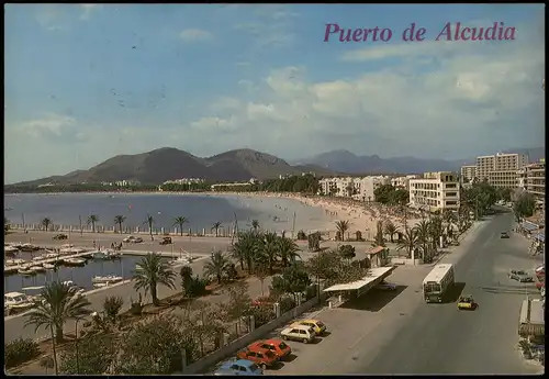 Postales Puerto de Alcudia Straßenpartie, Strand Hafen Mallorca 1972