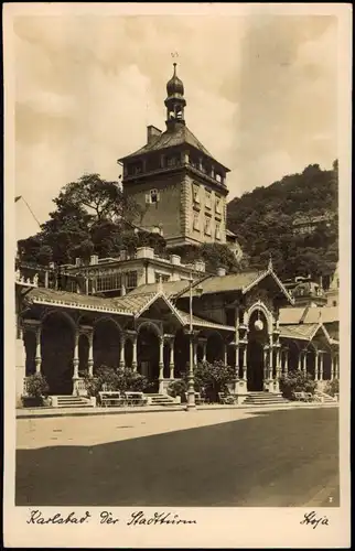 Postcard Karlsbad Karlovy Vary Straßenpartie am Stadtturm 1932