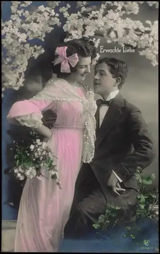 Erwachte Liebe Liebe Liebespaare - Love colorierte Fotokarte 1914