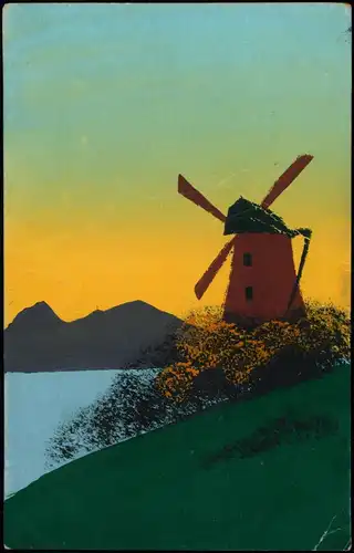 Ansichtskarte  Windmühle Windmill Handgemalte Postkarte Stimmungsbild 1914
