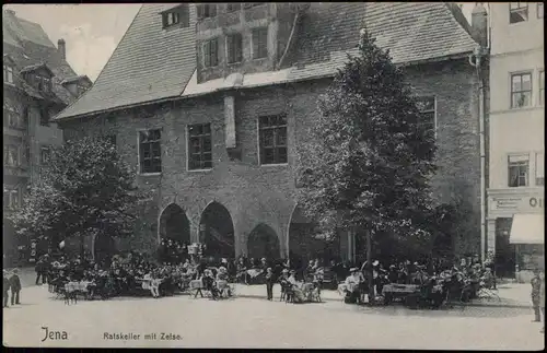 Ansichtskarte Jena Ratskeller mit Zeise, belebt 1909