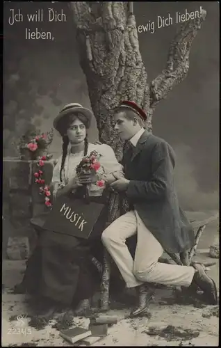 Liebe Liebespaare - Love junge Frau und Student colorierte Fotokarte 1914