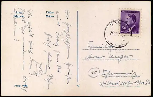 Postcard Prag Praha Manes. Straße Moldaupartie 1944  gel. Böhmen Mähren