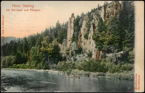 Ansichtskarte Karlsbad Flußpartie Boot Felsen colorierte AK 1909