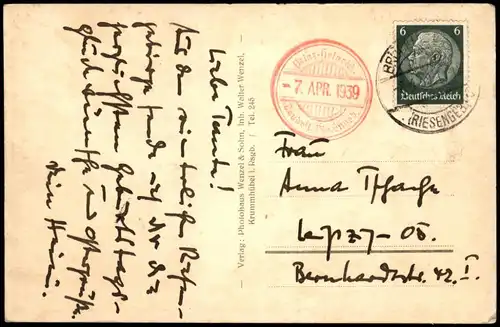 Postcard Krummhübel Karpacz Prinz-Heinrich-Baude im Winter 1939  Baudenstempel