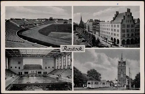 Ansichtskarte Rostock Ostseestadion, Straße, Schwimmhalle - Innen 1957