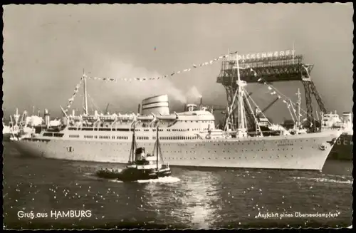 Hamburg „Ausfahrt eines Überseedampfers" Schiffe Dampfer Steamer Hafen 1960