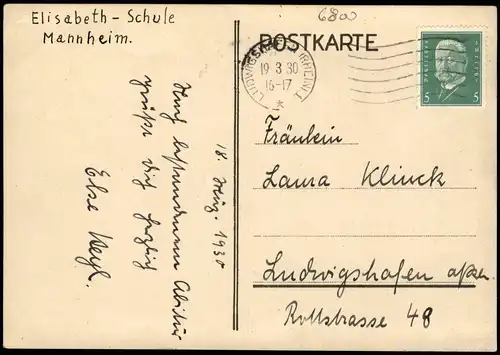 Ansichtskarte Mannheim Elisabeth Schule Abitur 01b Künstlerkarte 1930