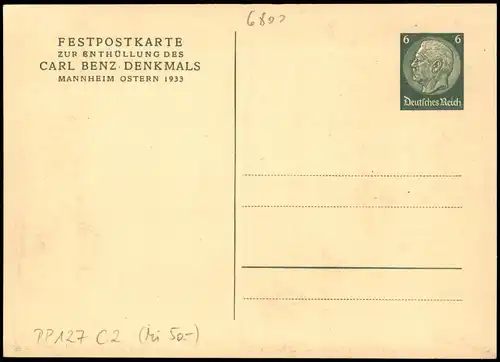 Ansichtskarte Mannheim Bild Ganzsache Enthüllung Carl Benz Denkmal 1933