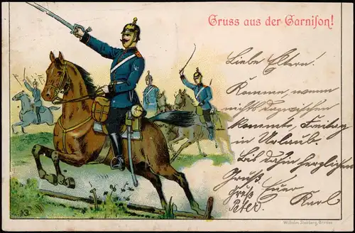 Ansichtskarte  Künstlerkarte - Militär Gruss von der Garnision Reiter 1898