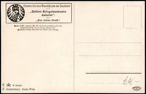 Verein Deutschtum Ausland. Unsere Kriegsleutnants Künstlerkarte Militär 1918