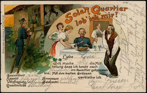 Litho AK Künstlerkarte - Militär Solch ein Quartier lob ich mir 1905