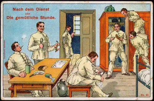 Künstlerkarte - Militär Nach dem Dienst oder die gemütliche Stube 1910