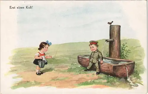 Feldpostkarte 1. WK Junge in Uniform mit Mädchen "Erst einen Kuß" 1917