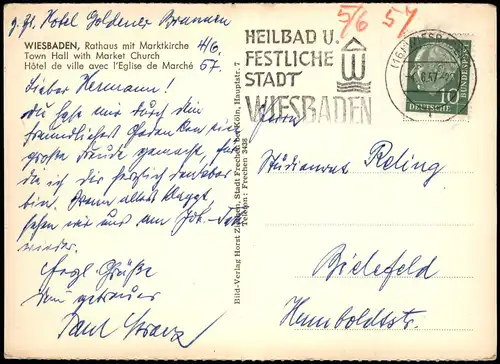 Ansichtskarte Wiesbaden Rathaus mit Marktkirche 1957