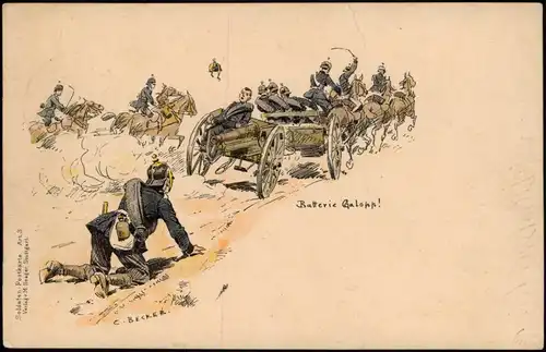 Künstlerkarte - Militär Batterie Galopp! Militaria Hessischer Landesverband 1909