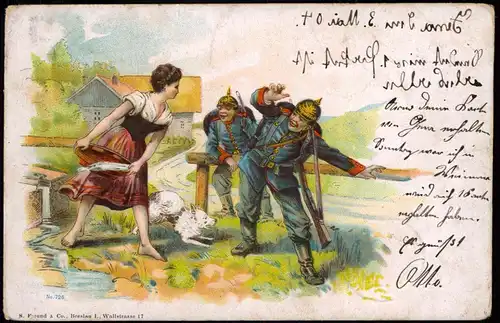Künstlerkarte - Militär Frau mit Eimer verscheucht Soldaten Litho 1904