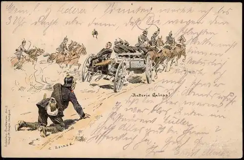 Ansichtskarte  Künstlerkarte - Militär Batterie Galopp! Militaria 1909