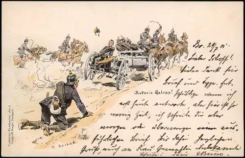 Ansichtskarte  Künstlerkarte - Militär Batterie Galopp! Militaria 1909/1901