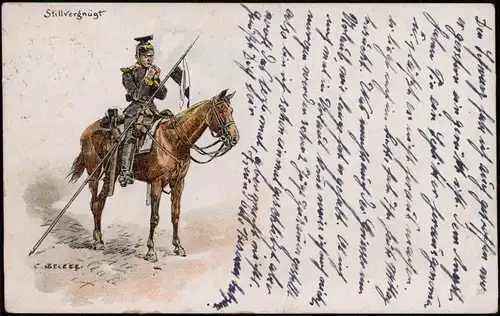 Künstlerkarte - Militär Stillvergnügt Enrilo Berlin 1915 gel Feldpost Cannstadt