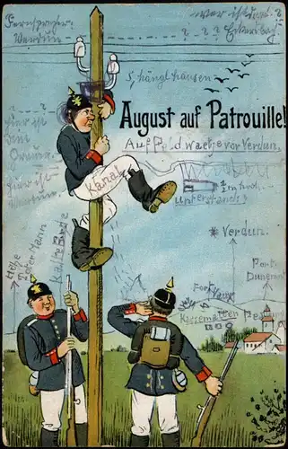Künstlerkarte - Militär August auf Patrollie Militaria Scherzkarte 1914