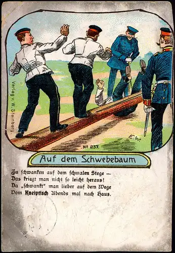 Litho AK Künstlerkarte - Militär Militaria Auf dem Schwebebaum Soldaten 1909