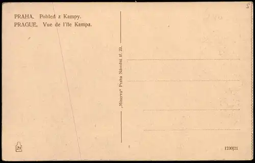 Postcard Prag Praha Pohled z Kampy PRAGUE Vue de l'île Kampa 1920