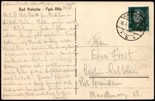 Ansichtskarte Kreischa Park Villa 1929  gel. Stempel Kreischa