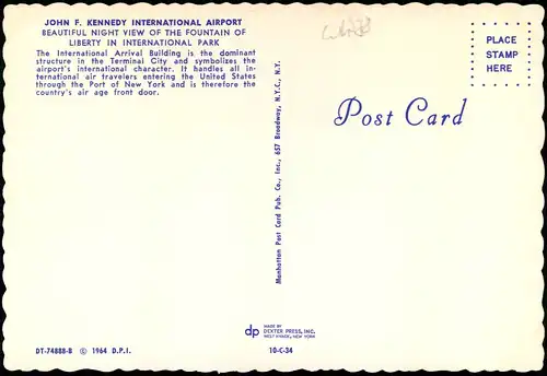 New York City JOHN F. KENNEDY INTERNATIONAL AIRPORT NIGHT VIEW FOUNTAIN 1960